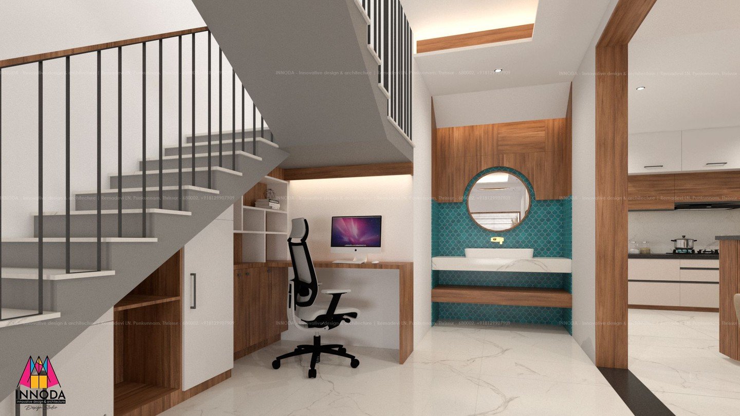 Architectural floating staircase with integrated study desk niche